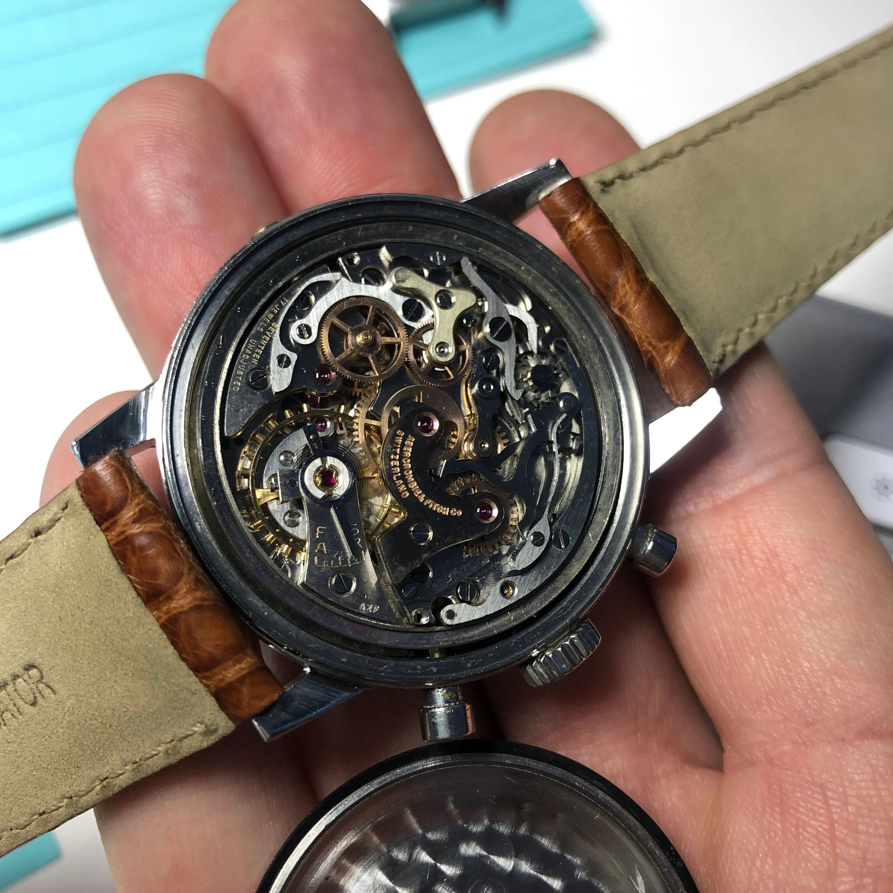 1960s Abercrombie & Fitch Co. Seafarer 2443 First Execution Heuer Chronograph Valjoux 72 Manual Steel Wristwatch
