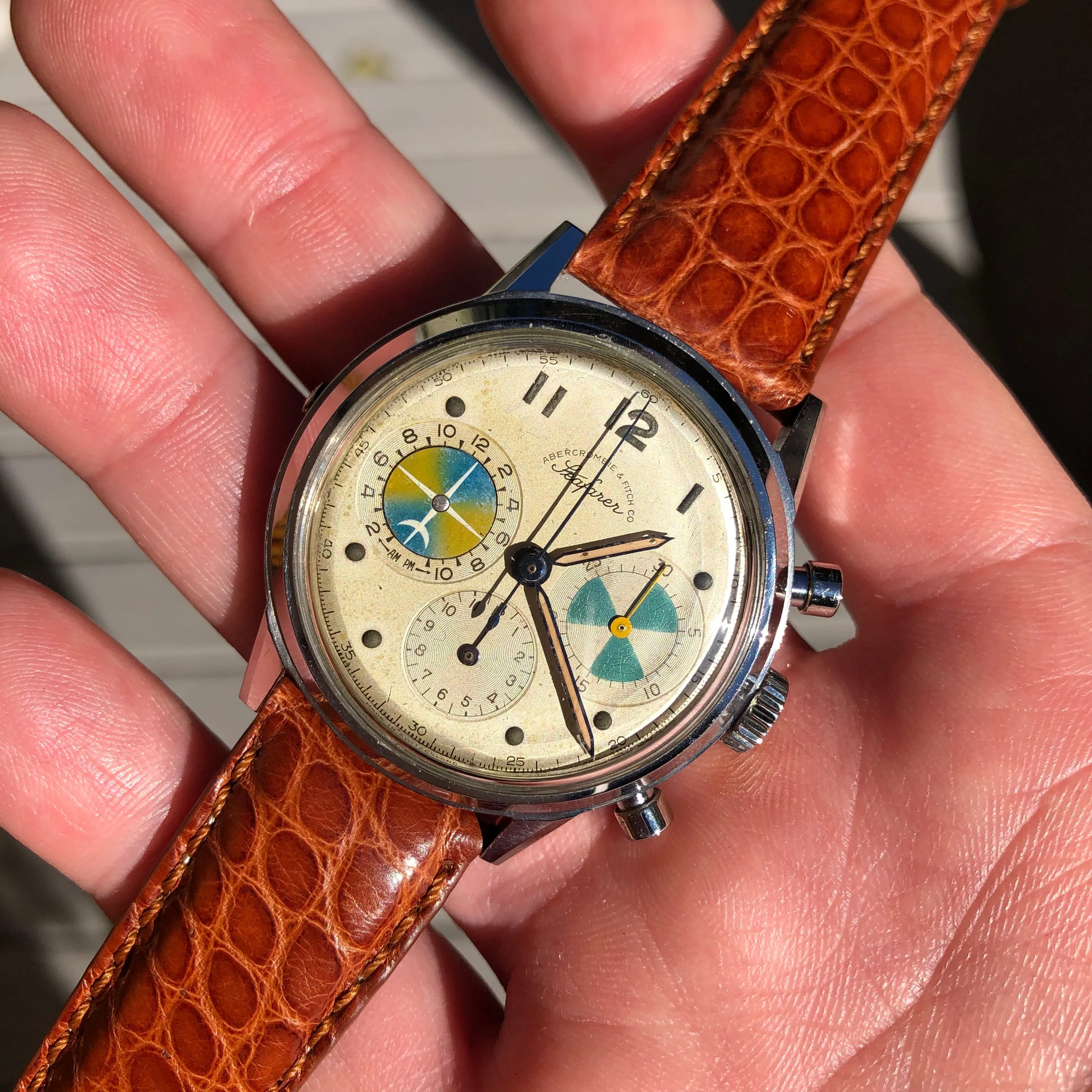 1960s Abercrombie & Fitch Co. Seafarer 2443 First Execution Heuer Chronograph Valjoux 72 Manual Steel Wristwatch