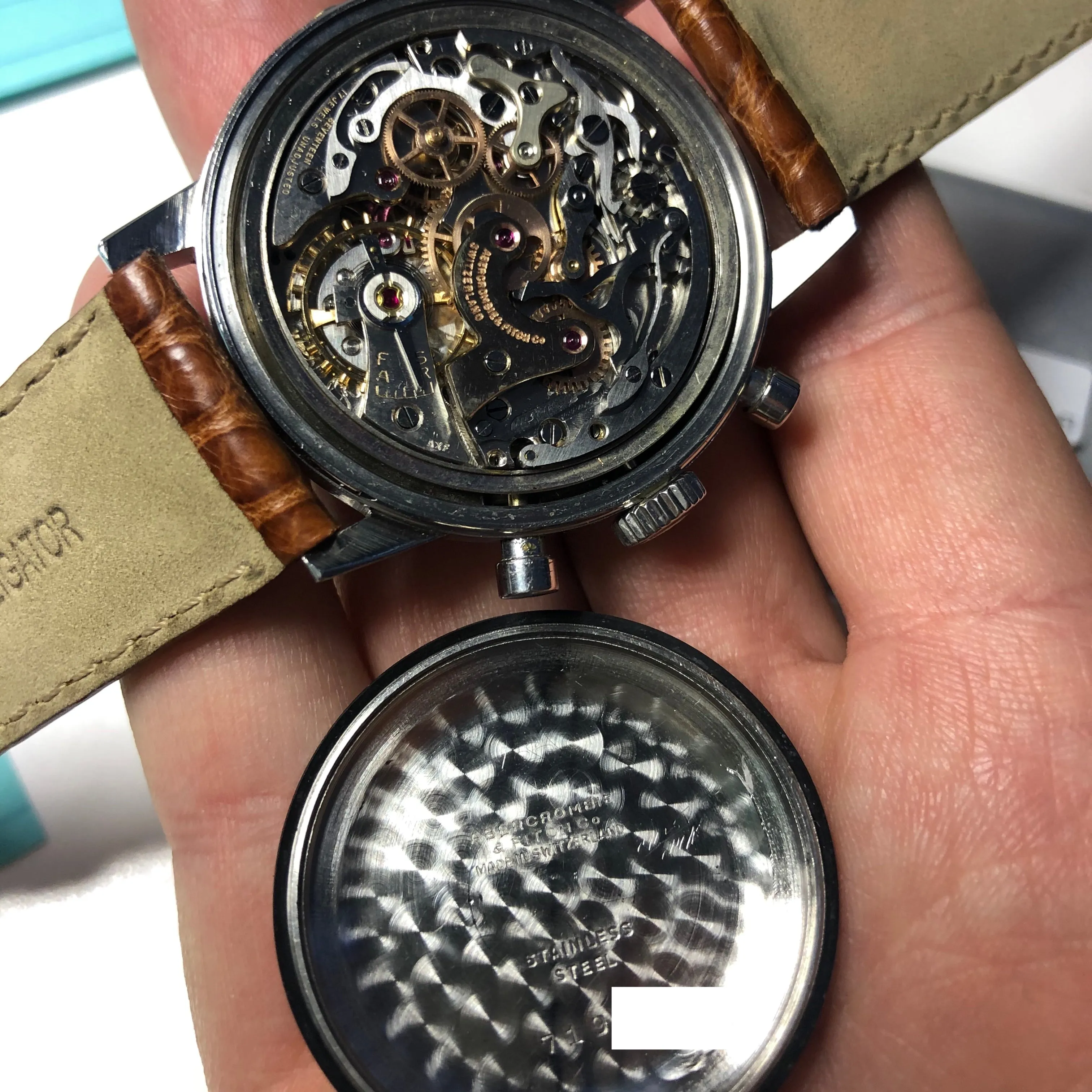 1960s Abercrombie & Fitch Co. Seafarer 2443 First Execution Heuer Chronograph Valjoux 72 Manual Steel Wristwatch