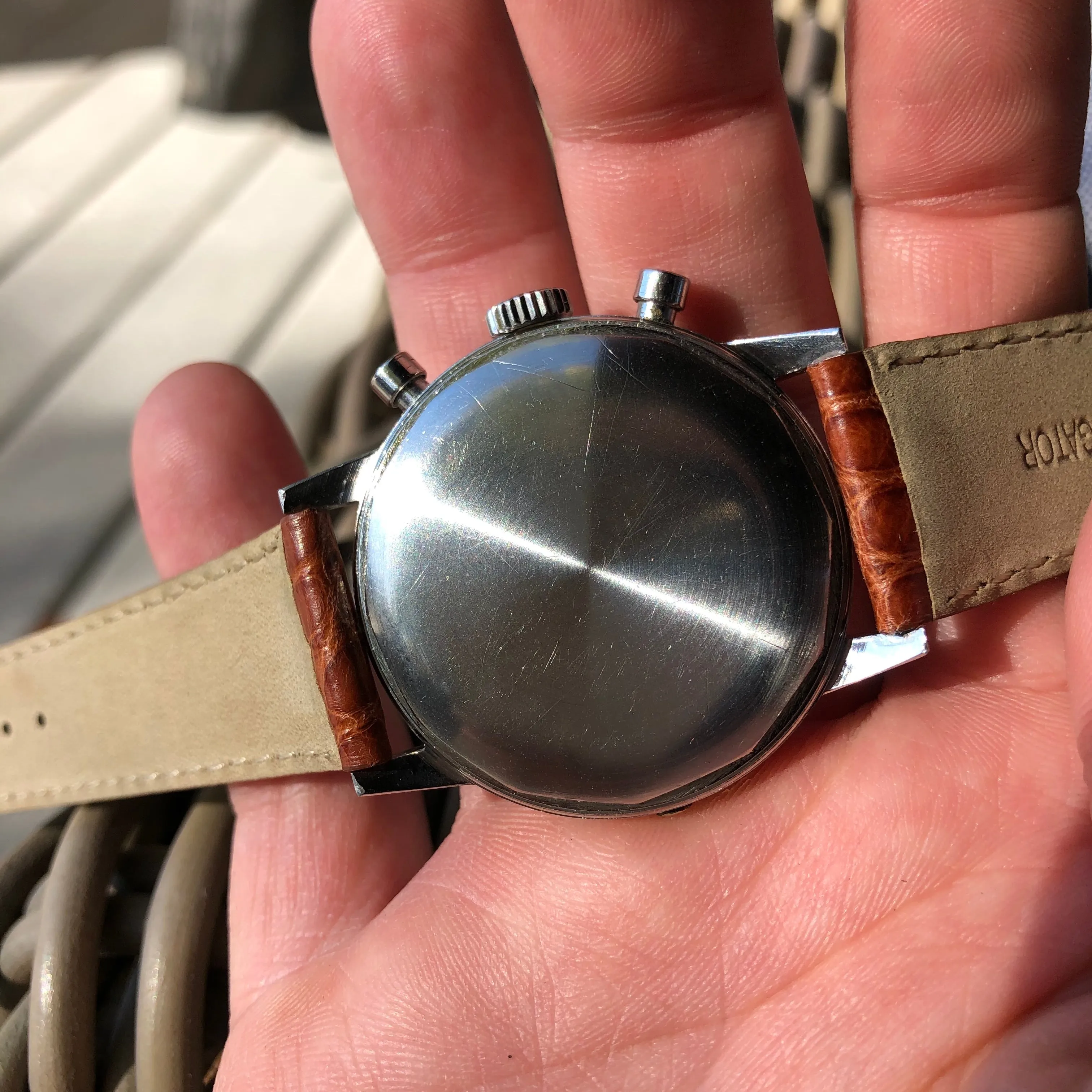 1960s Abercrombie & Fitch Co. Seafarer 2443 First Execution Heuer Chronograph Valjoux 72 Manual Steel Wristwatch