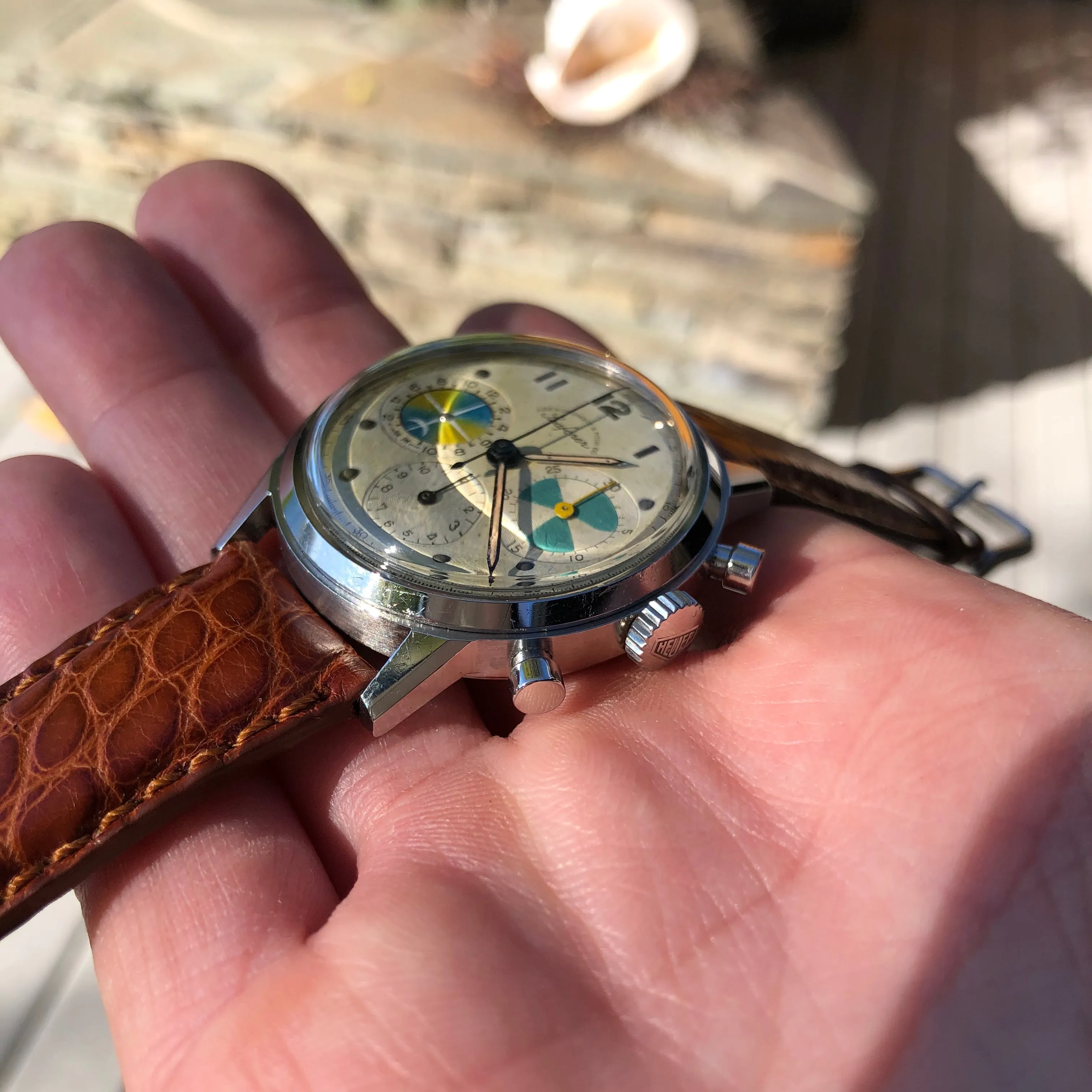 1960s Abercrombie & Fitch Co. Seafarer 2443 First Execution Heuer Chronograph Valjoux 72 Manual Steel Wristwatch