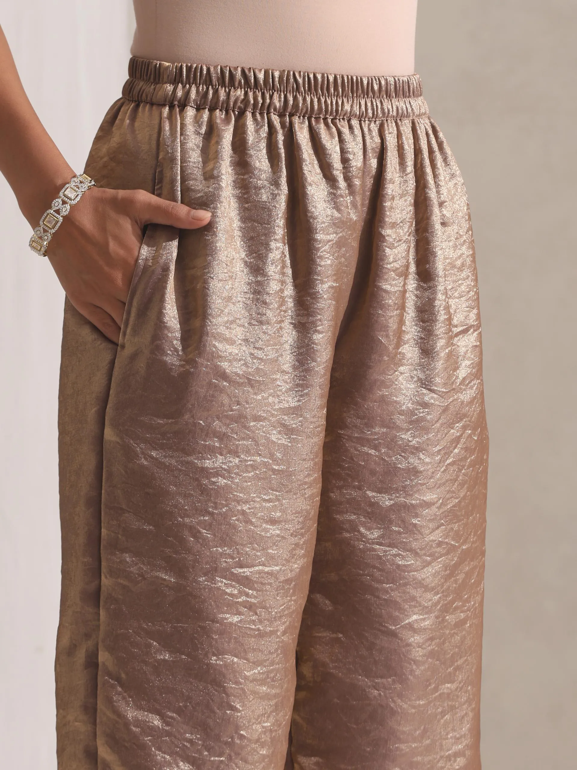 2 pc SET - Arabian Glamour Gold Metallic Satin Kurta with Embroidery and Pants