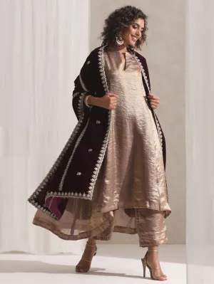 2 pc SET - Arabian Glamour Gold Metallic Satin Kurta with Embroidery and Pants