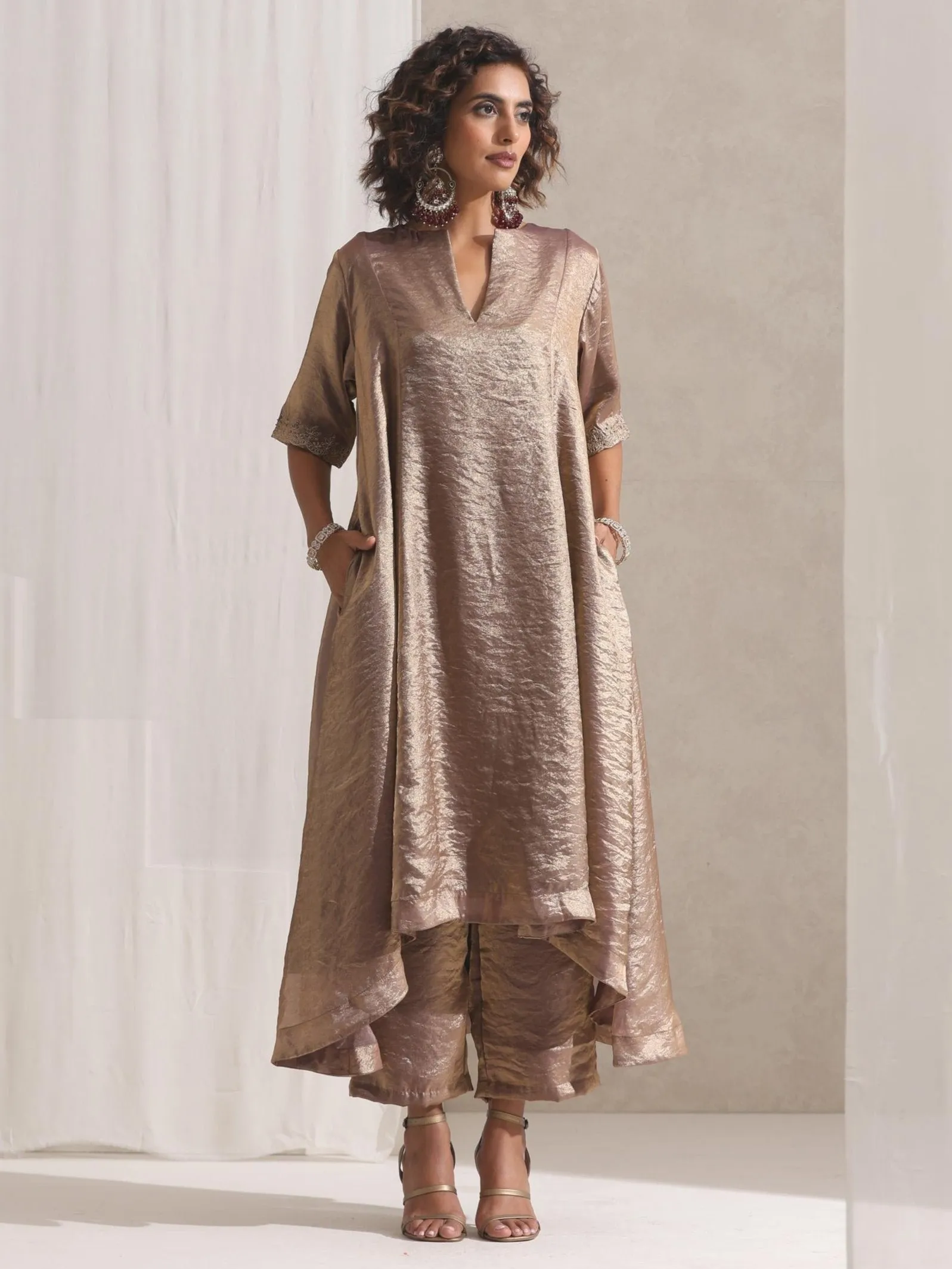 2 pc SET - Arabian Glamour Gold Metallic Satin Kurta with Embroidery and Pants