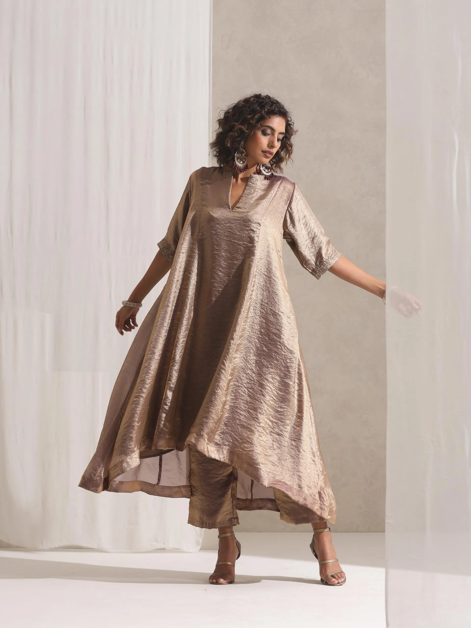 2 pc SET - Arabian Glamour Gold Metallic Satin Kurta with Embroidery and Pants
