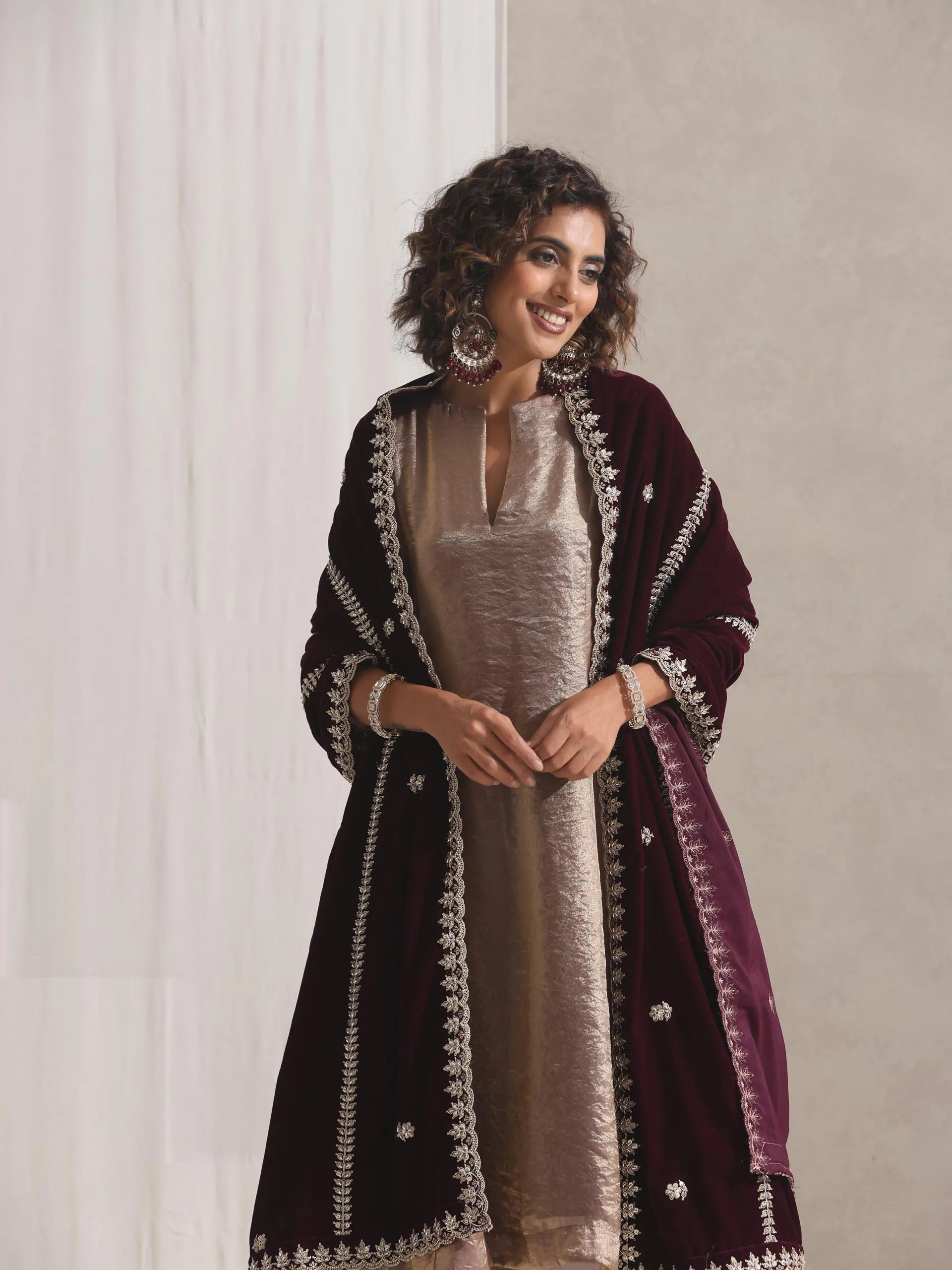 2 pc SET - Arabian Glamour Gold Metallic Satin Kurta with Embroidery and Pants