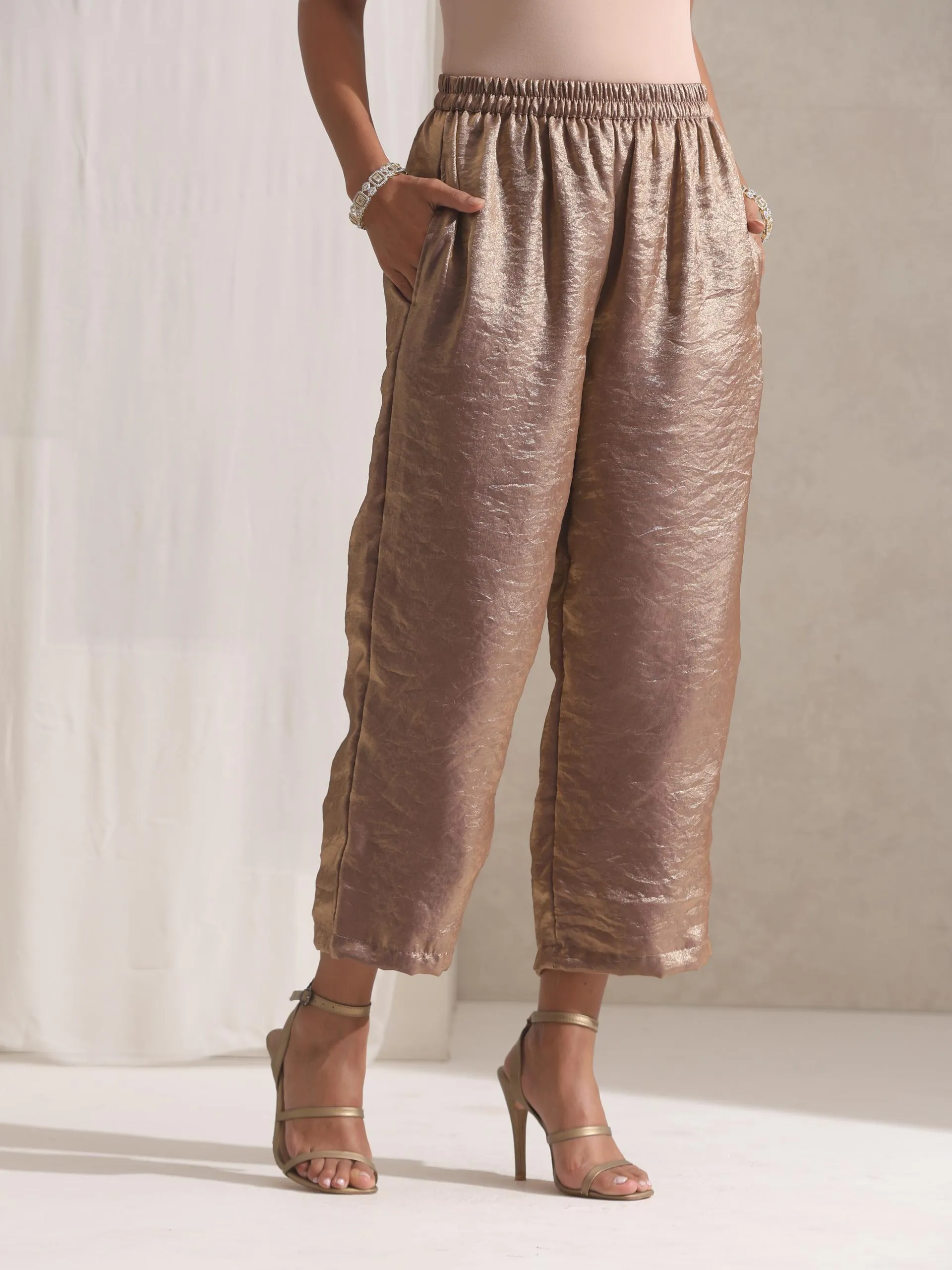 2 pc SET - Arabian Glamour Gold Metallic Satin Kurta with Embroidery and Pants