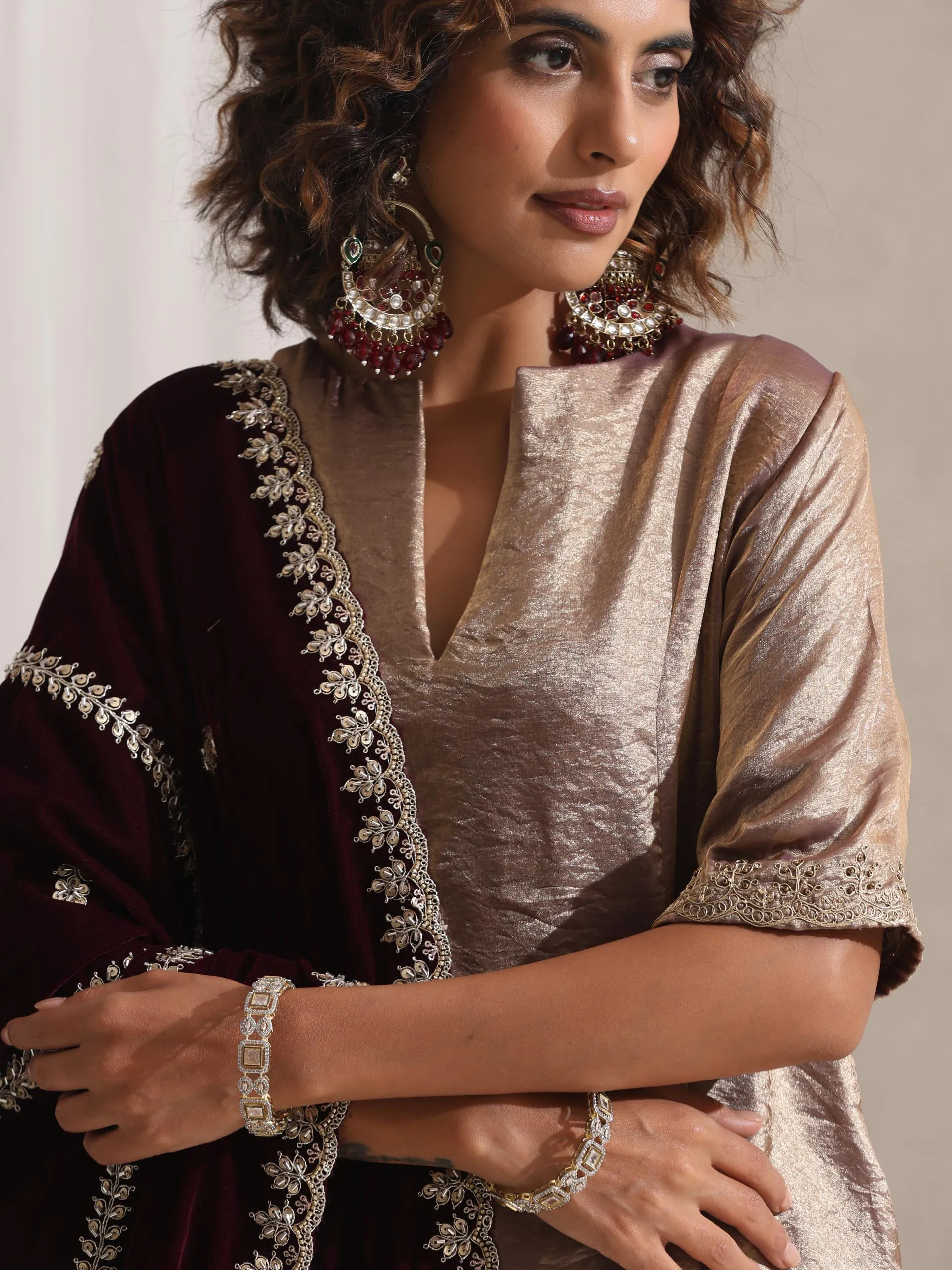 2 pc SET - Arabian Glamour Gold Metallic Satin Kurta with Embroidery and Pants