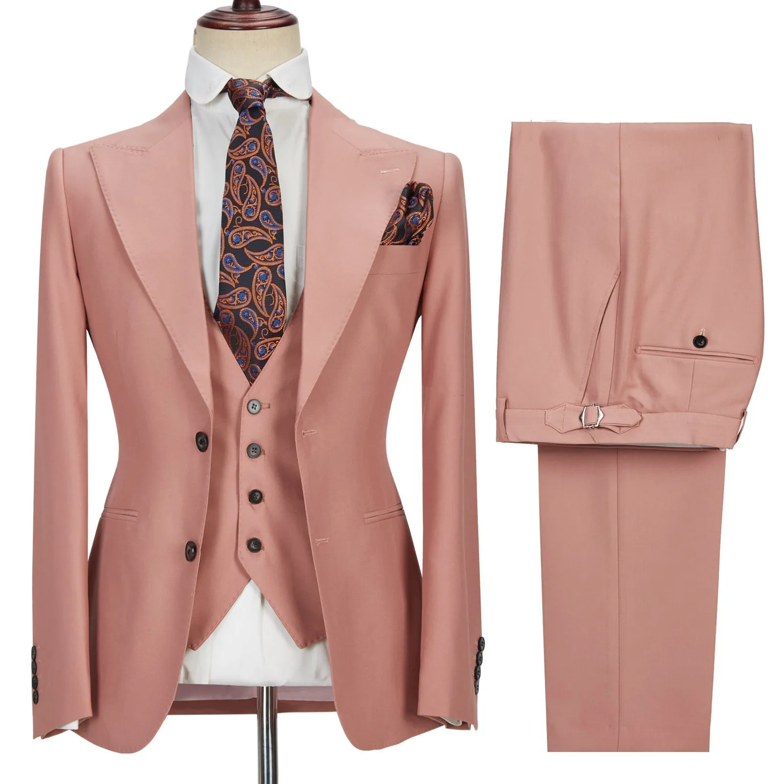 3 Piece Coral Pink Two Buttons Peak Lapel Classic Men's Suit