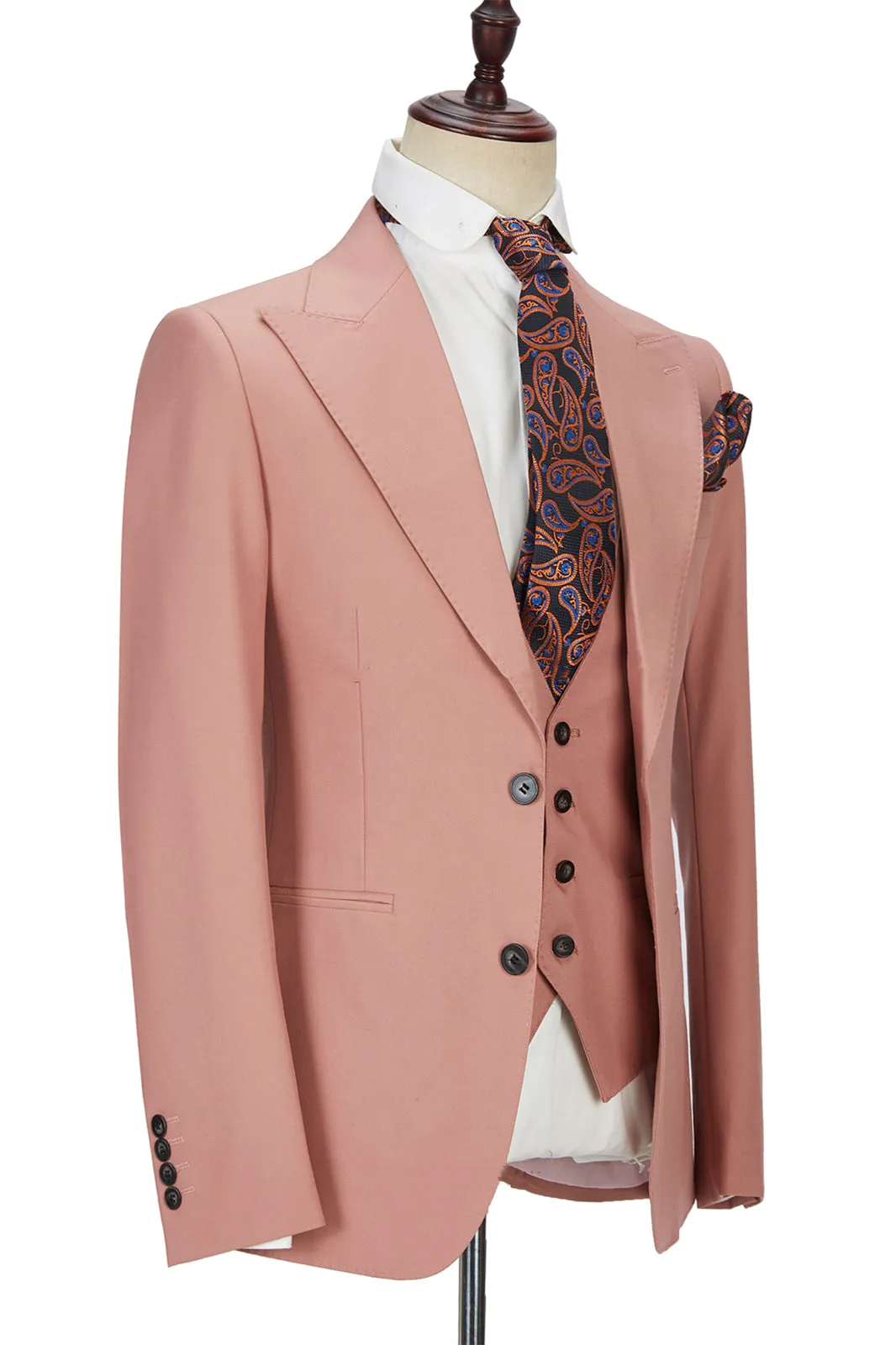 3 Piece Coral Pink Two Buttons Peak Lapel Classic Men's Suit