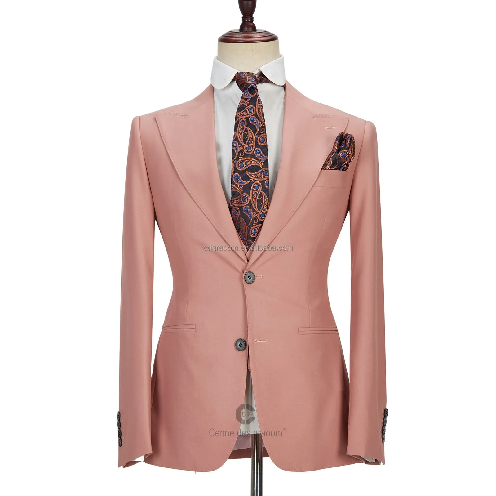 3 Piece Coral Pink Two Buttons Peak Lapel Classic Men's Suit