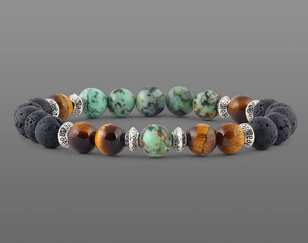 African Turquoise men's bracelet with black volcanic lava and tiger eye beads