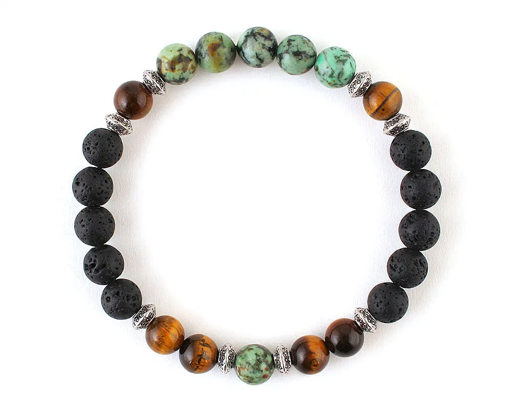 African Turquoise men's bracelet with black volcanic lava and tiger eye beads