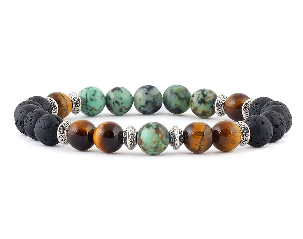 African Turquoise men's bracelet with black volcanic lava and tiger eye beads