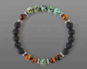 African Turquoise men's bracelet with black volcanic lava and tiger eye beads