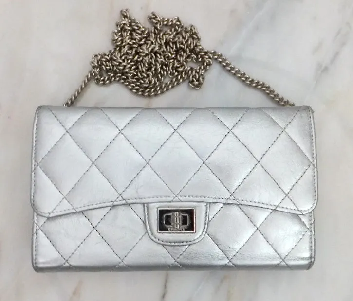 Authentic Chanel Silver Crackle Metallic Wallet on Chain (WOC)