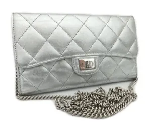 Authentic Chanel Silver Crackle Metallic Wallet on Chain (WOC)