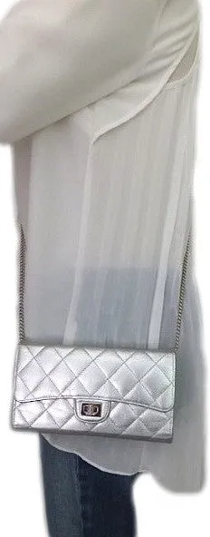 Authentic Chanel Silver Crackle Metallic Wallet on Chain (WOC)
