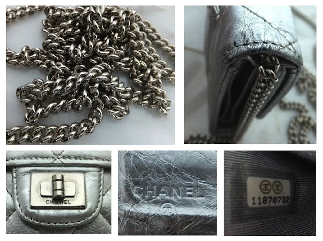 Authentic Chanel Silver Crackle Metallic Wallet on Chain (WOC)