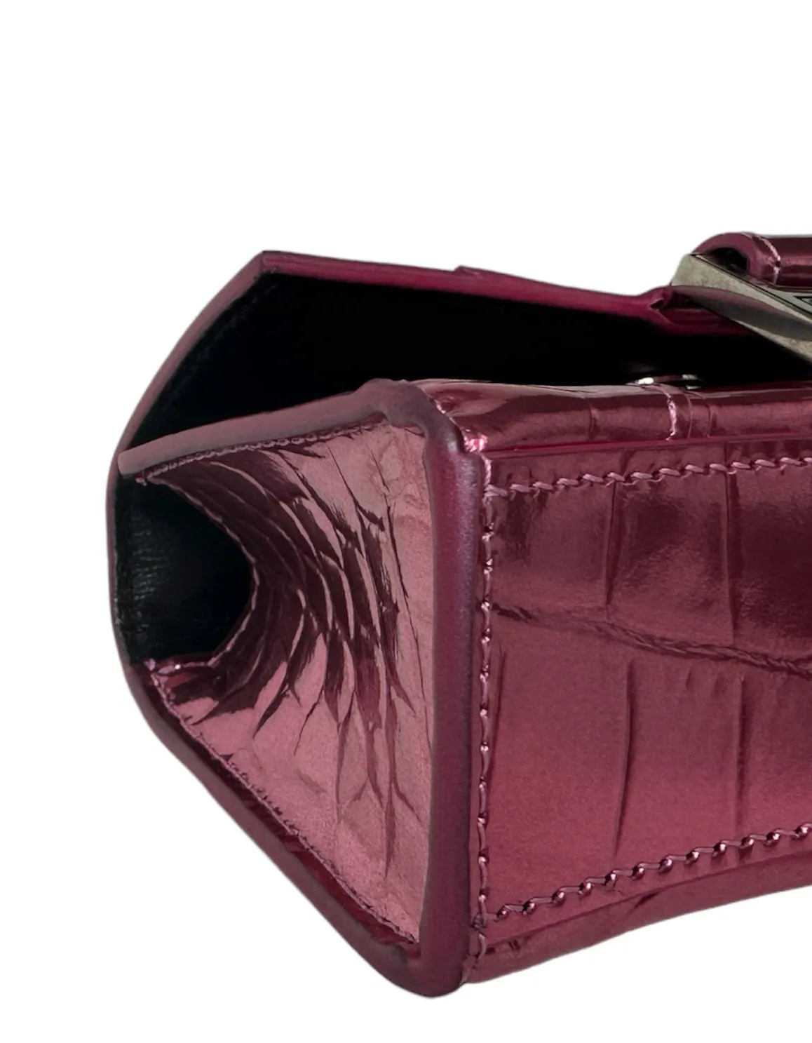 Balenciaga Metallic Pink Embossed Crocodile Hourglass Mini Top Handle Bag