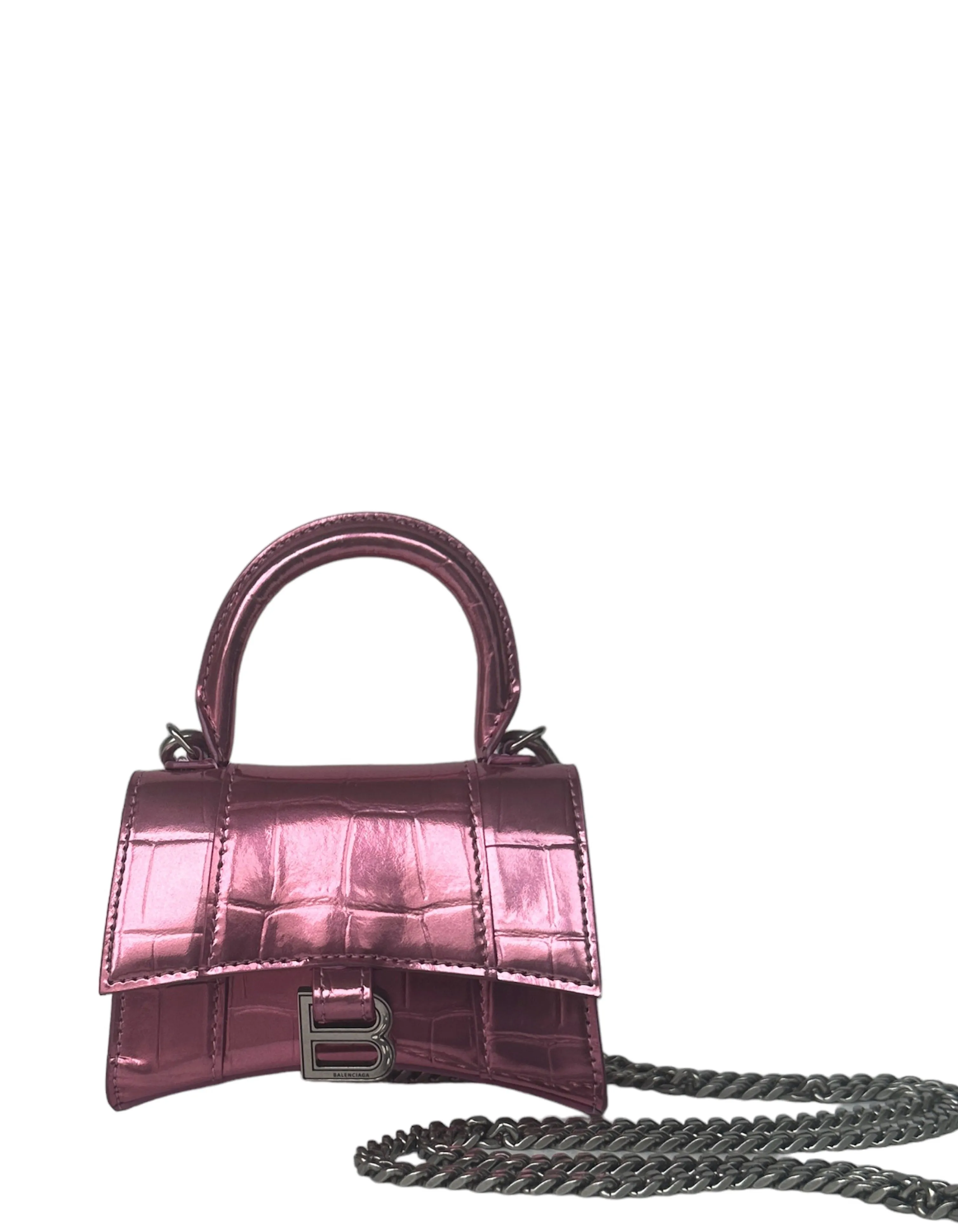 Balenciaga Metallic Pink Embossed Crocodile Hourglass Mini Top Handle Bag
