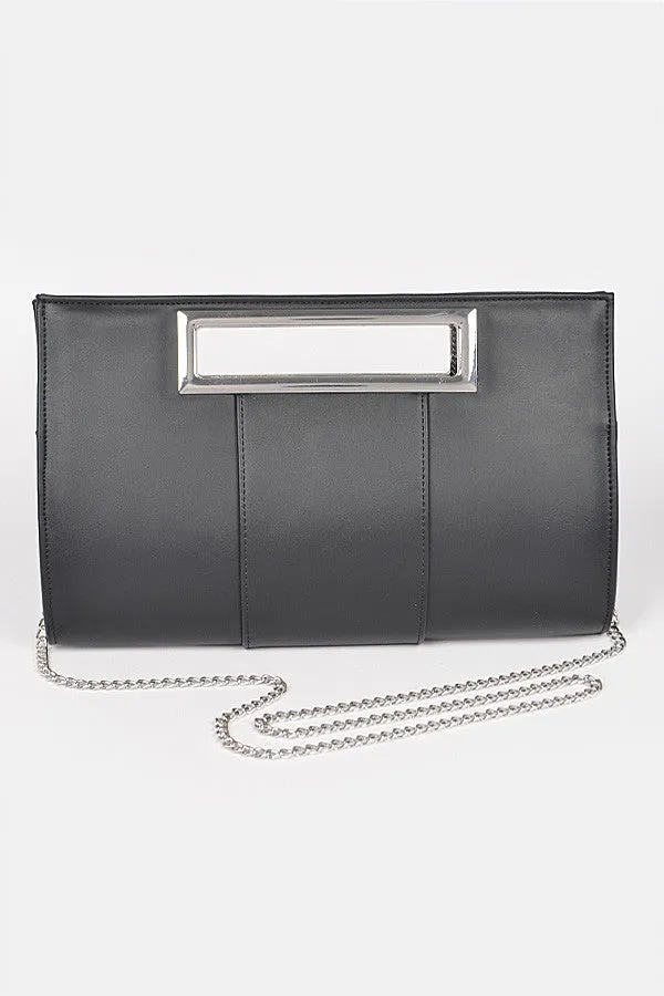Black Faux Leather Silver Handle Clutch