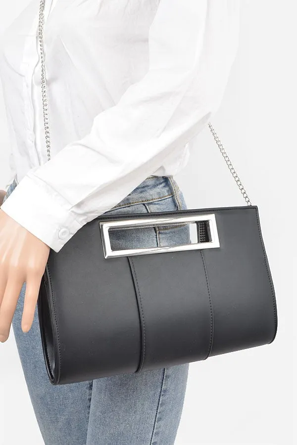 Black Faux Leather Silver Handle Clutch
