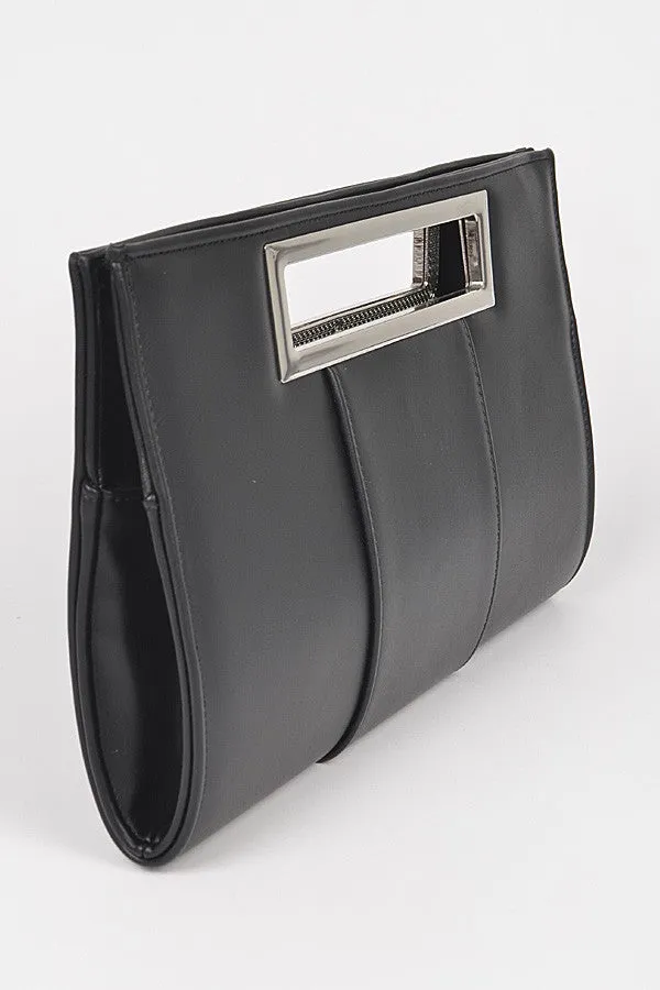 Black Faux Leather Silver Handle Clutch