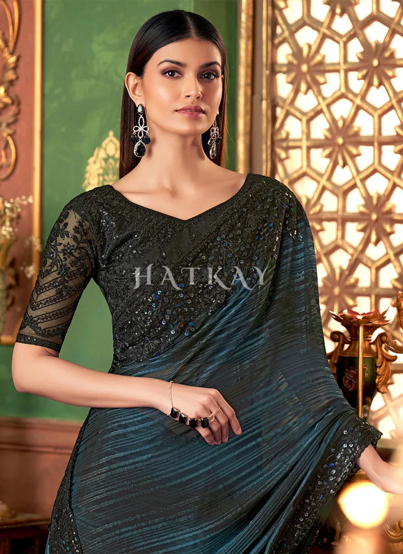 Blue And Black Embroidery Designer Saree