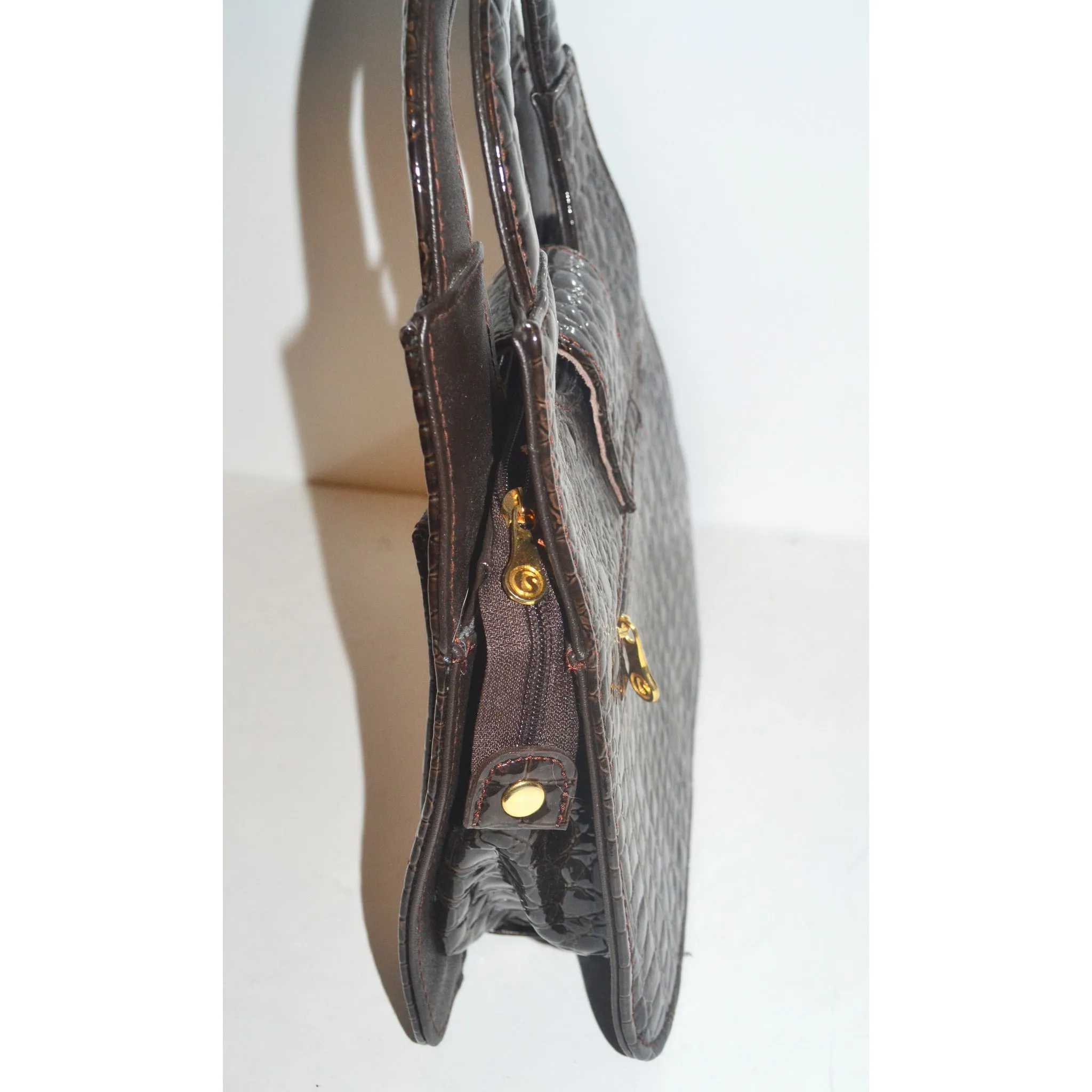Brown High Gloss Embossed Handbag By Giovanni