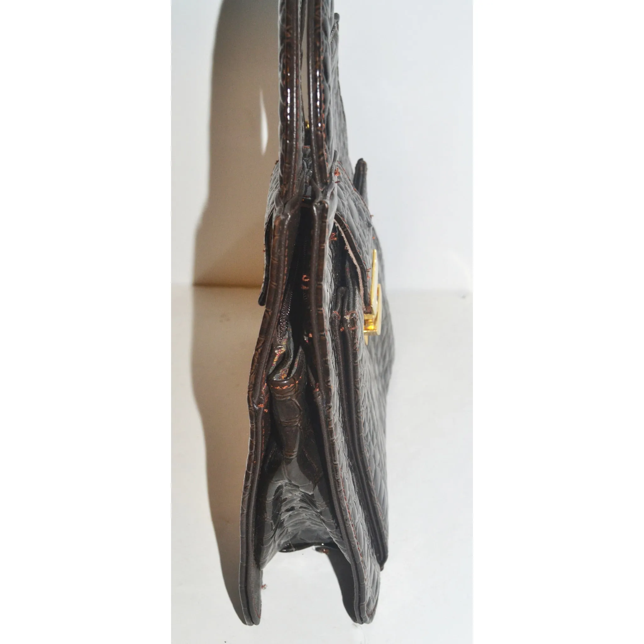 Brown High Gloss Embossed Handbag By Giovanni