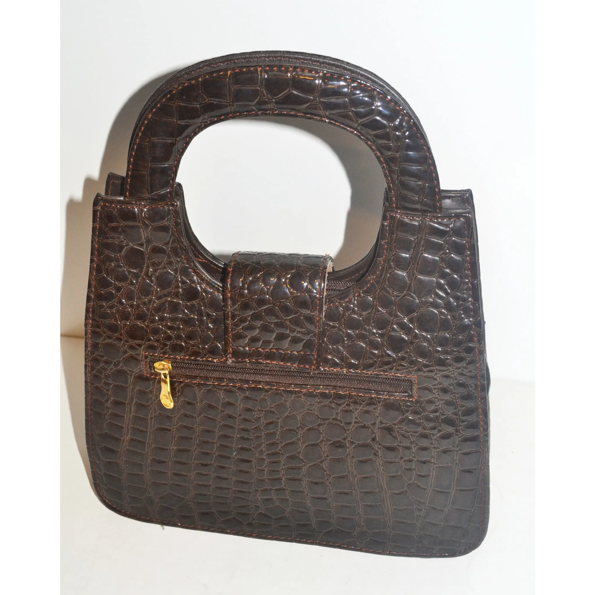 Brown High Gloss Embossed Handbag By Giovanni
