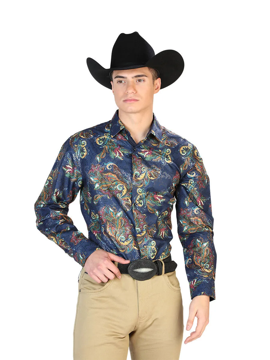 Camisa Vaquera Manga Larga Estampada Cachemir Azul/Multicolor para Hombre 'El Señor de los Cielos' - ID: 43827