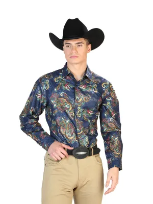 Camisa Vaquera Manga Larga Estampada Cachemir Azul/Multicolor para Hombre 'El Señor de los Cielos' - ID: 43827