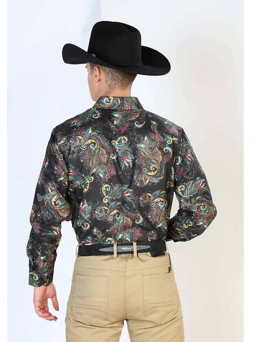 Camisa Vaquera Manga Larga Estampada Cachemir Negro/Multicolor para Hombre 'El Señor de los Cielos' - ID: 43800
