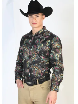 Camisa Vaquera Manga Larga Estampada Cachemir Negro/Multicolor para Hombre 'El Señor de los Cielos' - ID: 43800