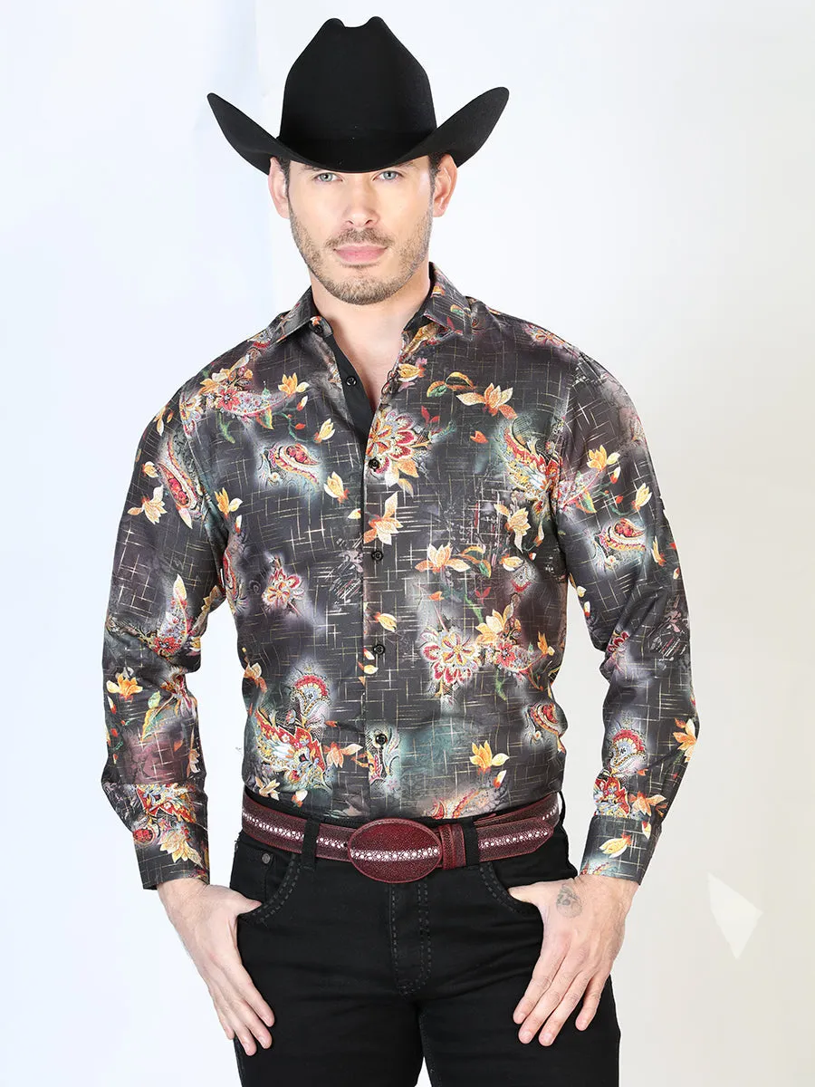 Camisa Vaquera Manga Larga Estampada Negro Multicolor para Hombre 'El Señor de los Cielos' - ID: 43813