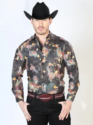 Camisa Vaquera Manga Larga Estampada Negro Multicolor para Hombre 'El Señor de los Cielos' - ID: 43813