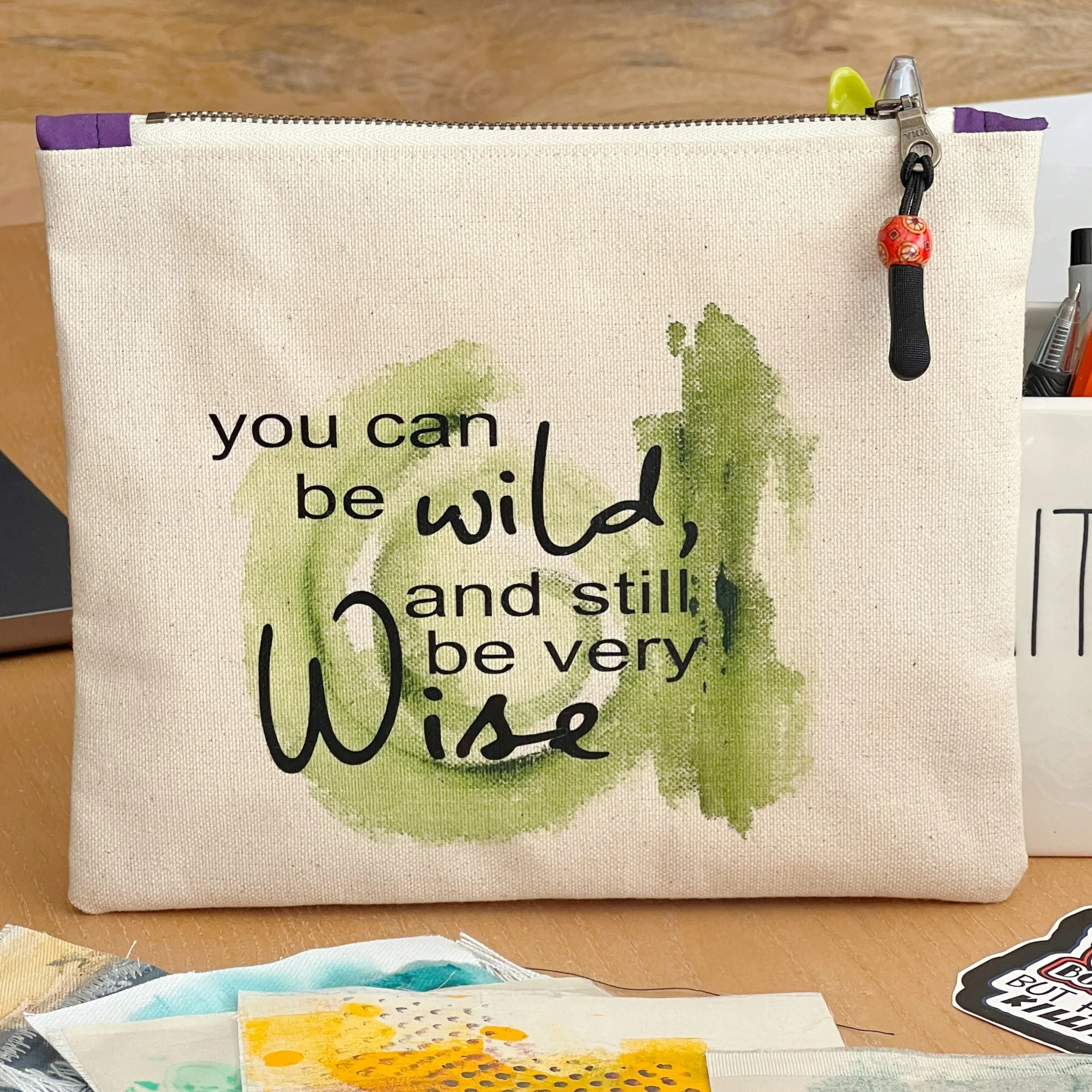 Canvas zip bag painted SMALL - you can be wild and still be very wise