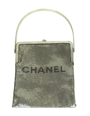 Chanel 1990s Vintage Rare Silvertone Mesh Chain Logo Handbag