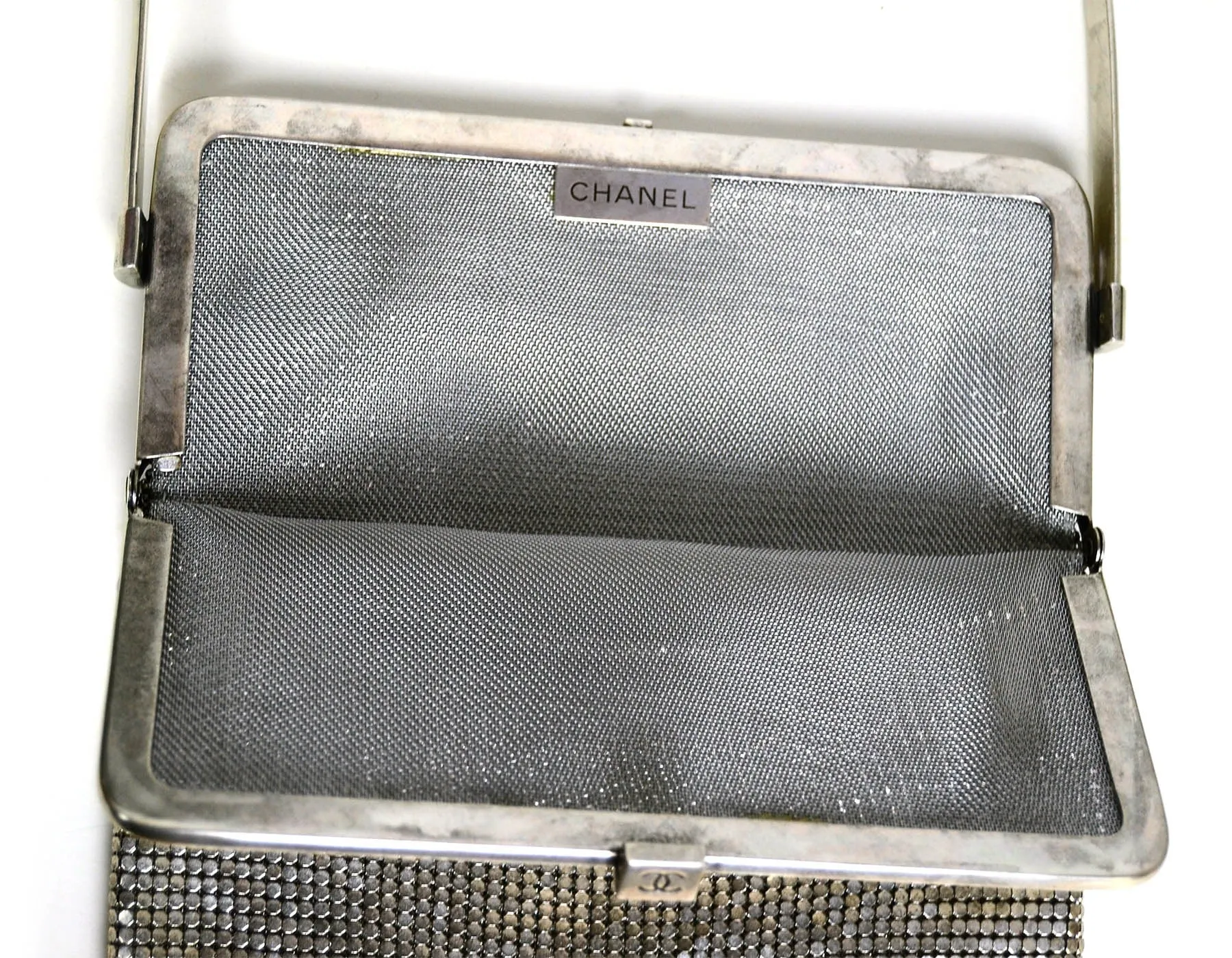 Chanel 1990s Vintage Rare Silvertone Mesh Chain Logo Handbag