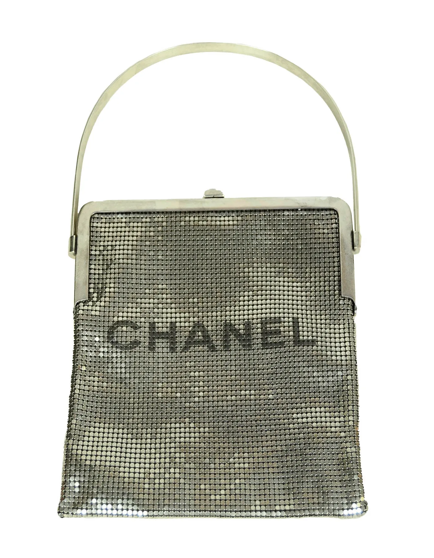 Chanel 1990s Vintage Rare Silvertone Mesh Chain Logo Handbag