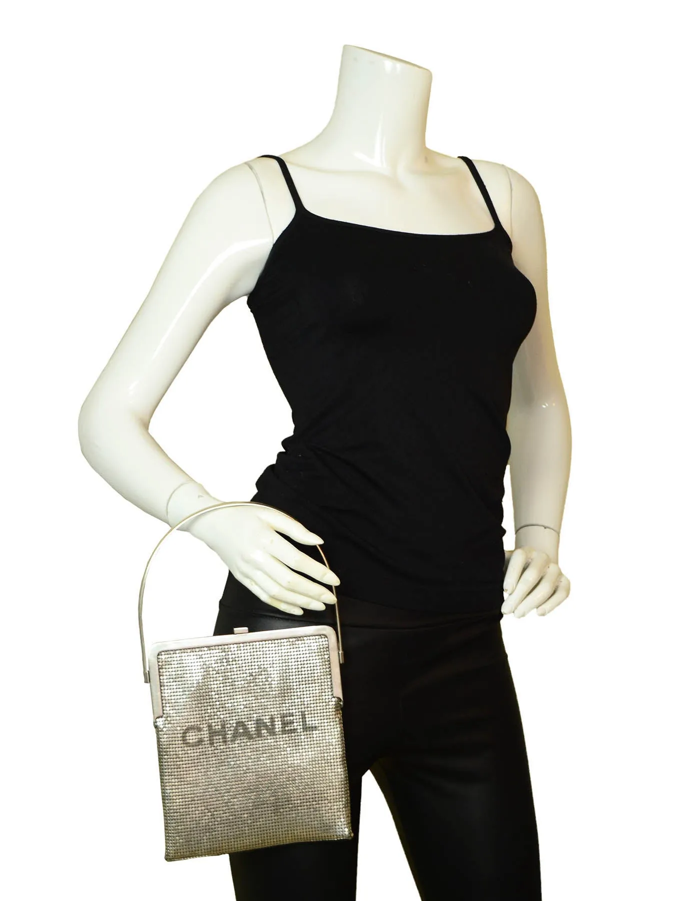 Chanel 1990s Vintage Rare Silvertone Mesh Chain Logo Handbag