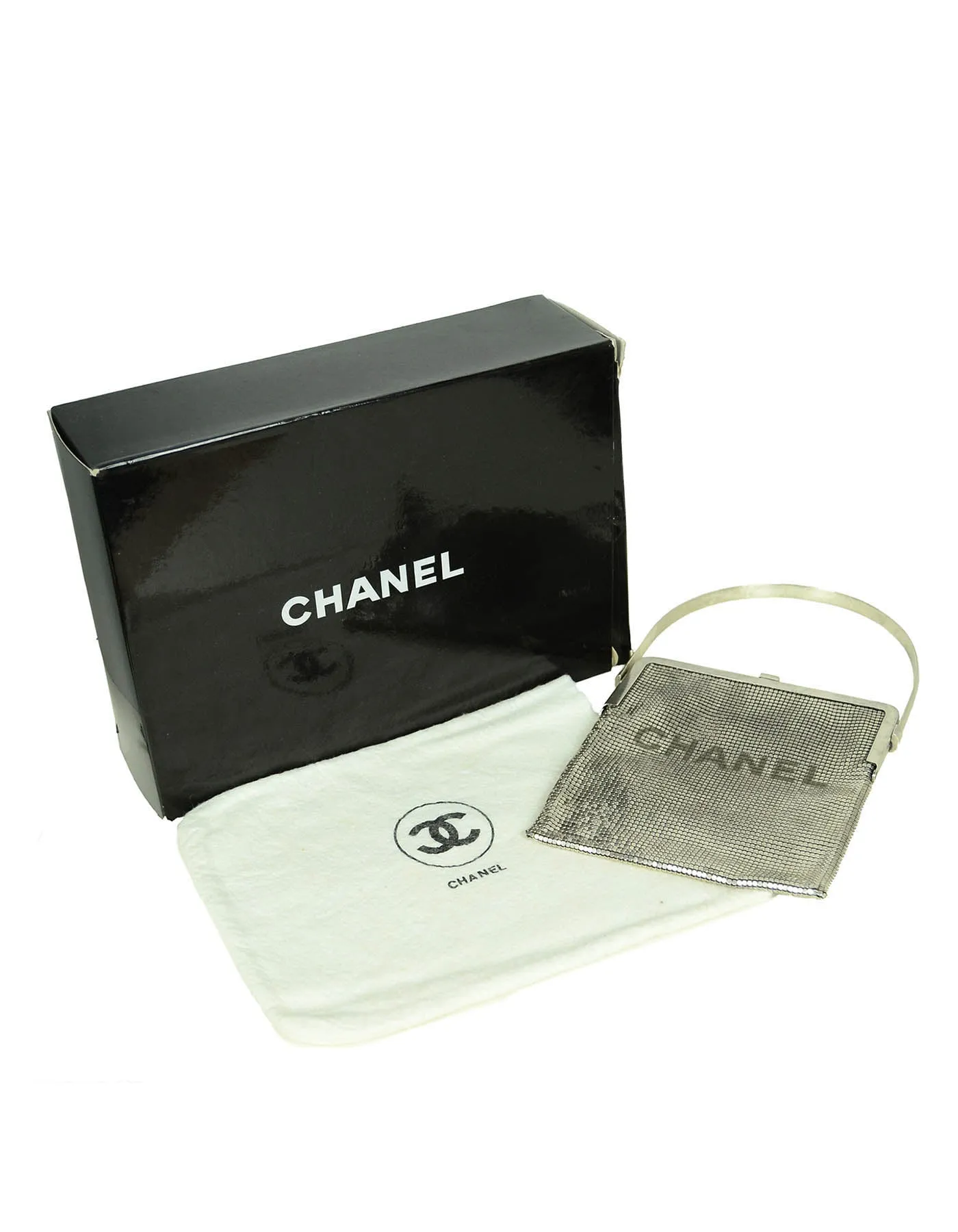 Chanel 1990s Vintage Rare Silvertone Mesh Chain Logo Handbag