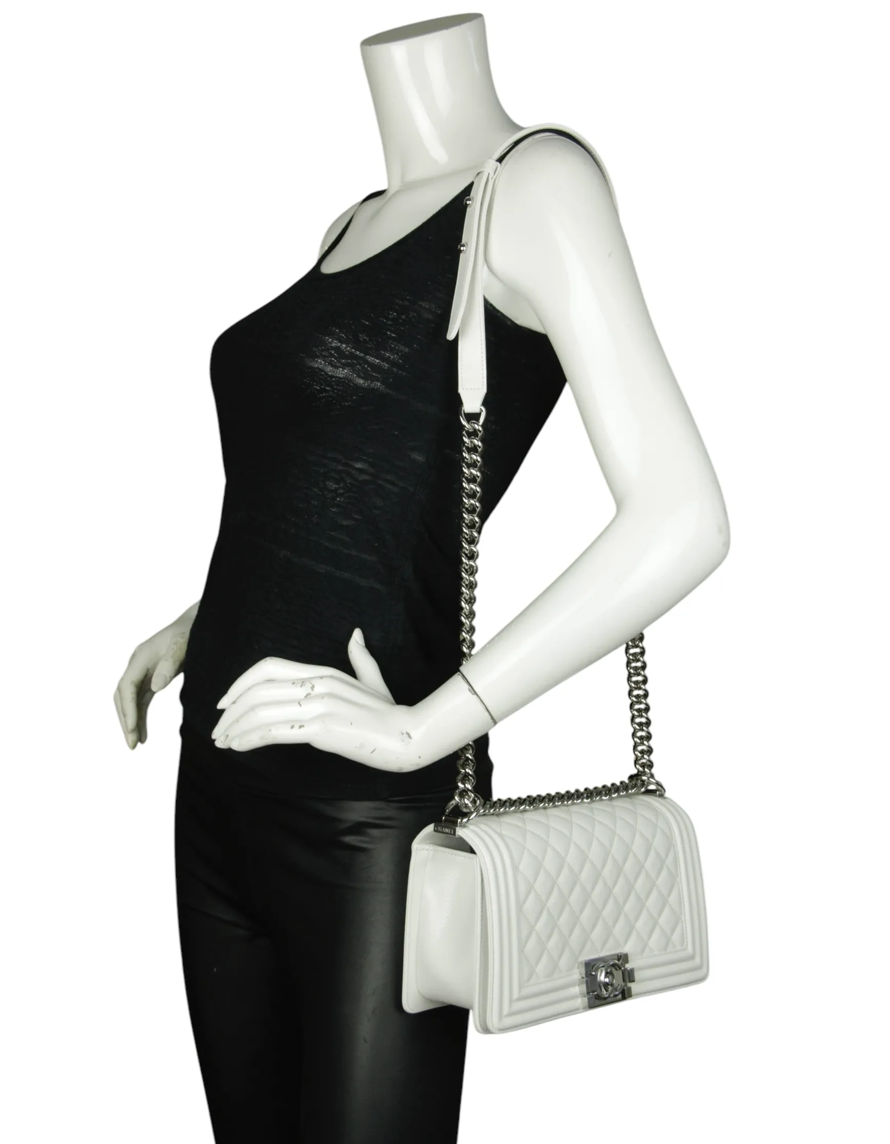 Chanel 25C NEW White Caviar Medium Boy Bag