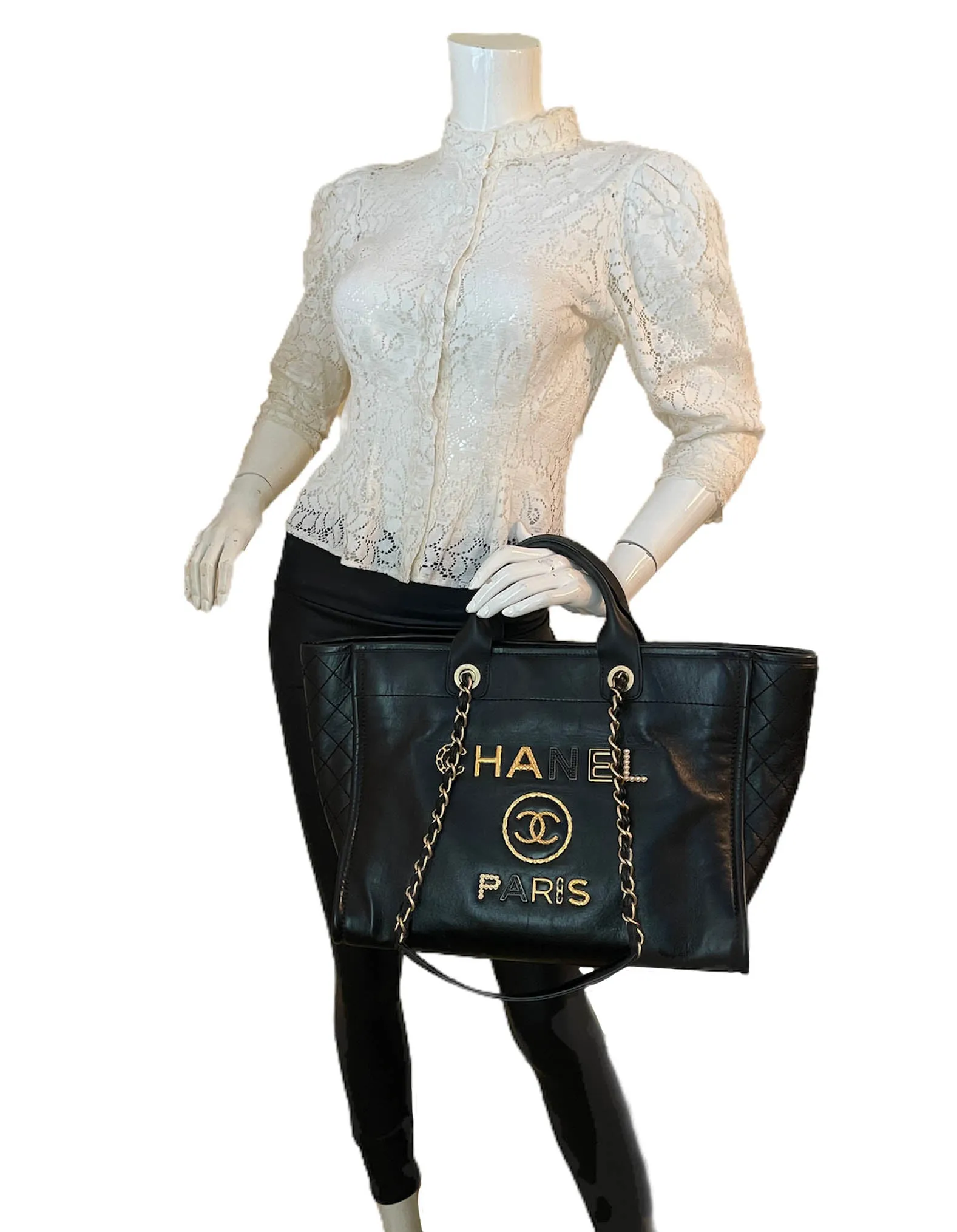 Chanel Black Aged Calfskin Leather Medium Charms Deauville Tote Bag