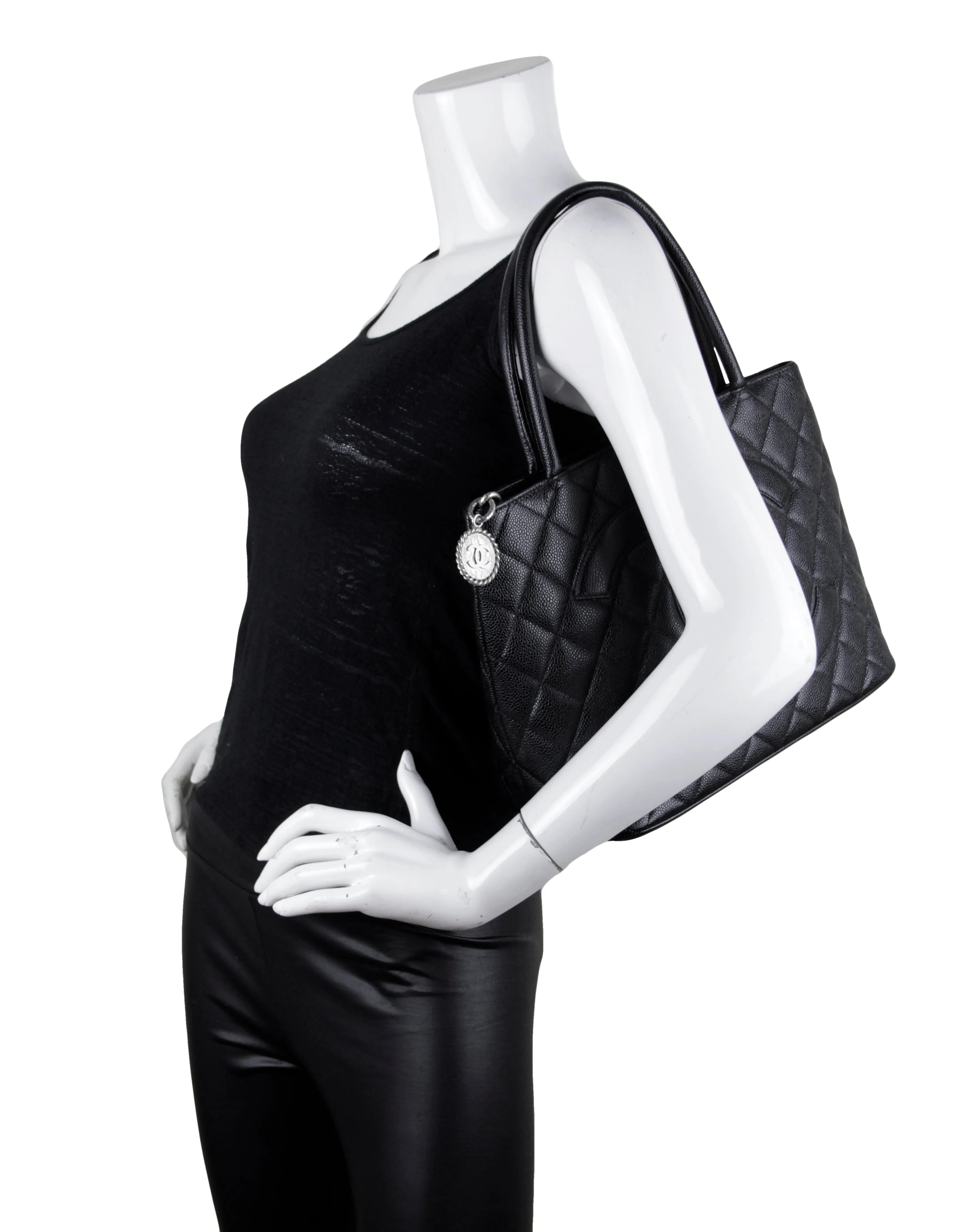 Chanel Black Caviar Leather CC Medallion Tote Bag