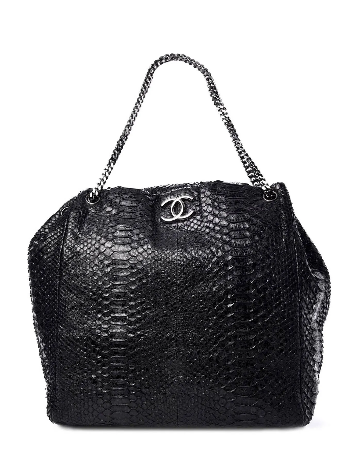 Chanel Black Python CC Accordion Large Chain Tote Bag