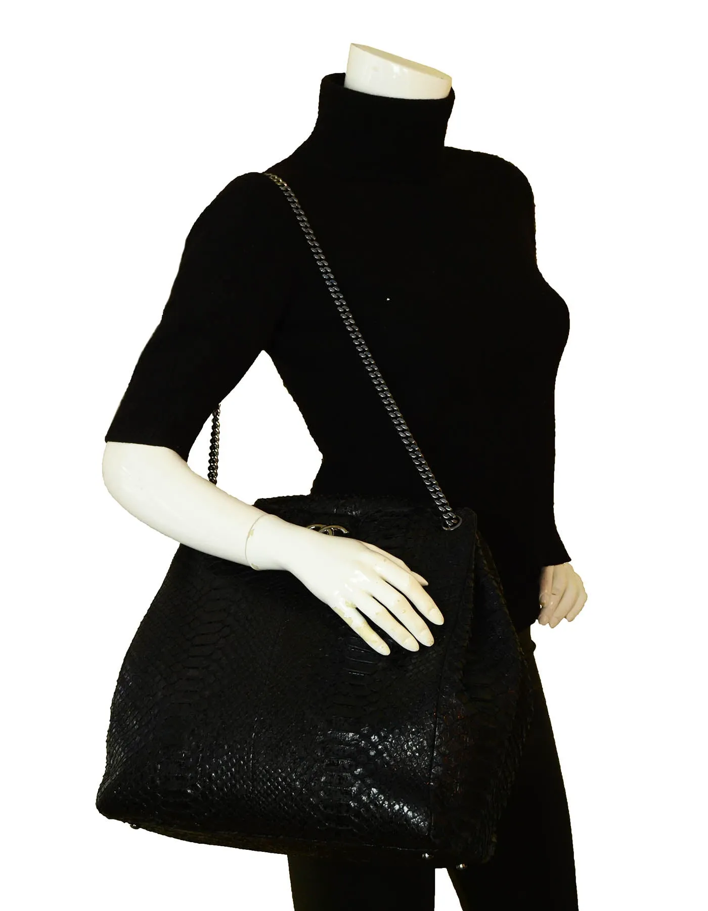 Chanel Black Python CC Accordion Large Chain Tote Bag