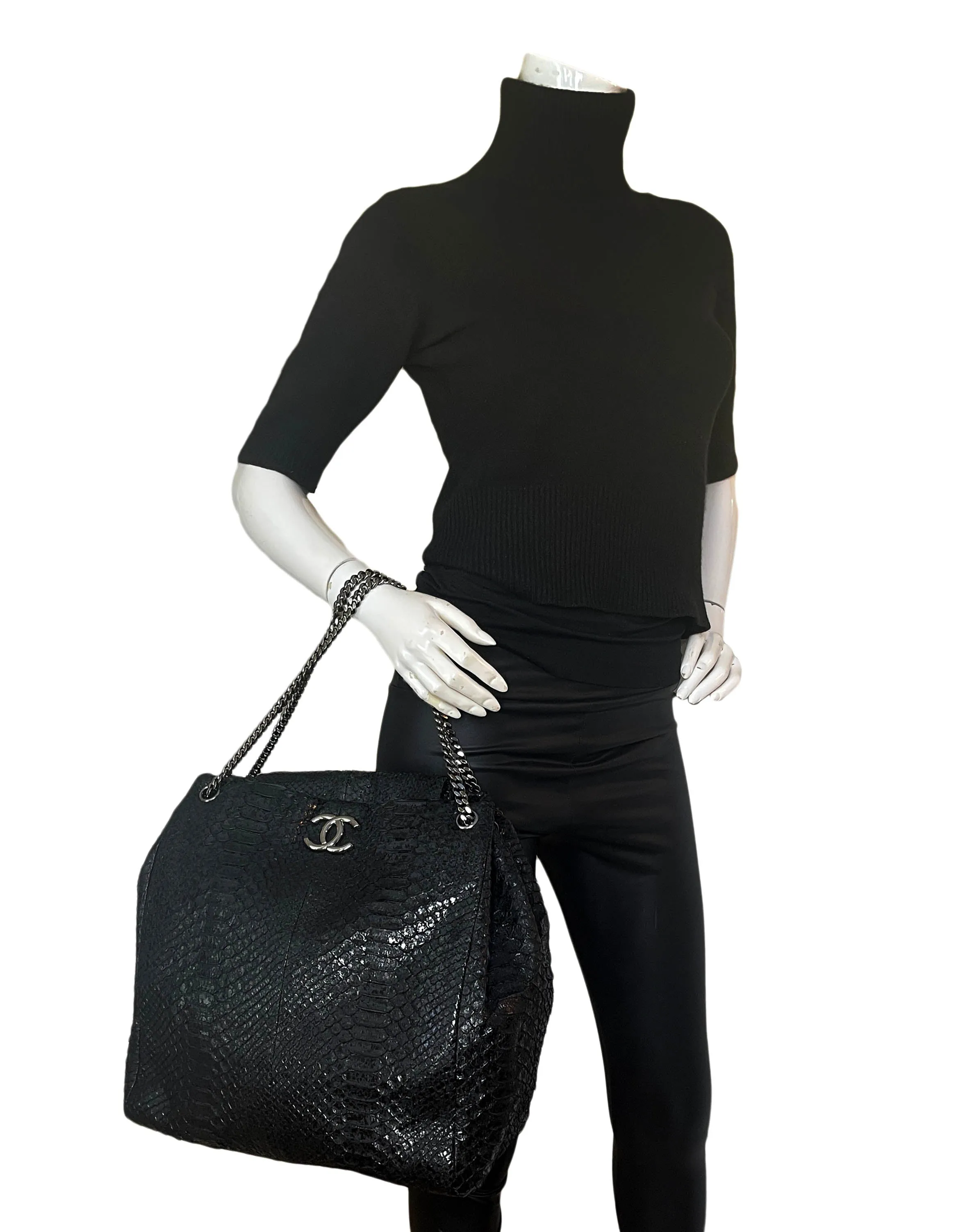 Chanel Black Python CC Accordion Large Chain Tote Bag